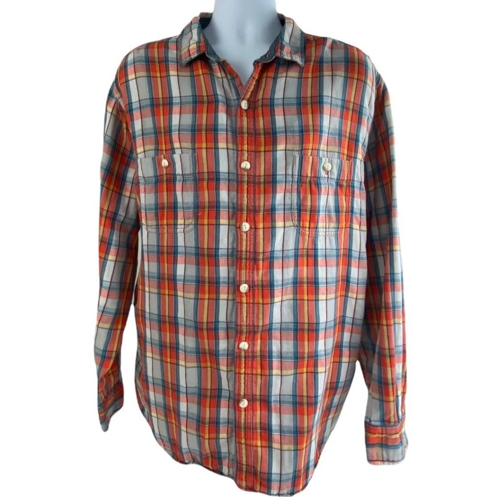 Orange and Blue Plaid Button Front Flannel Lightweight Shacket size XXL